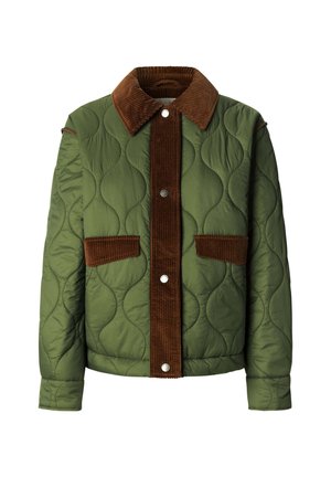 Grüne gesteppte Jacke mit braunem Cordkragen, ausgestattet mit Druckknöpfen, zwei Vordertaschen und einem strukturierten, gepolsterten Design.