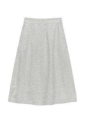 A-linjainen hame vaaleanharmaasta kankaasta, jossa on sileä rakenne, sivutaskut ja polvipituus. Yksinkertainen ja klassinen tyyli.