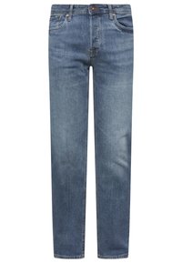 Klassiska blå denimjeans med rak passform, med fem fickor, knappstängning och en något blekt struktur.