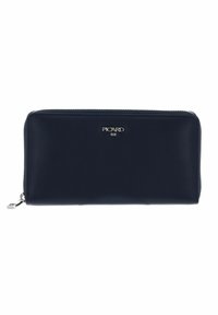 Navy leather wallet with a zip closure, featuring a silver logo on the front, smooth texture, and rectangular shape.