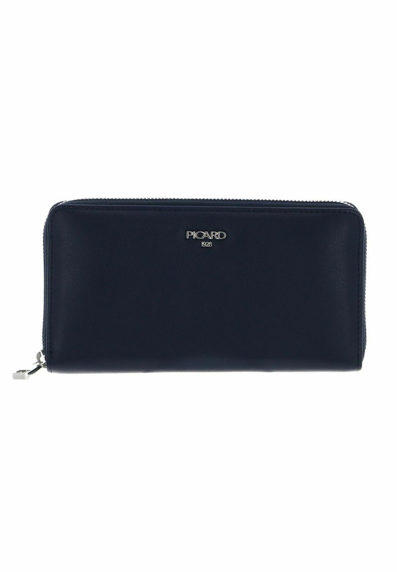 Navy leather wallet with a zip closure, featuring a silver logo on the front, smooth texture, and rectangular shape.