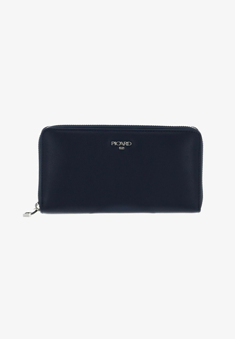 Navy leather wallet with a zip closure, featuring a silver logo on the front, smooth texture, and rectangular shape.