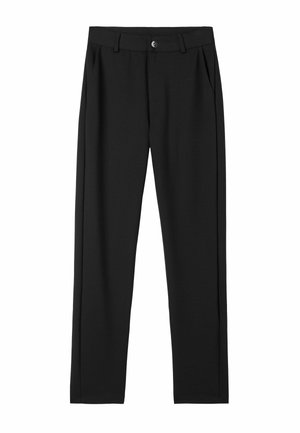 Pantalon noir à coupe droite, en tissu lisse. Il présente un devant plat, deux poches latérales et une fermeture à bouton.