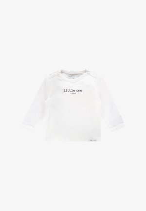 Langärmelig wit baby shirt met drukknoop schouders, voorzien van de tekst "little one" in het zwart gedrukt. Zacht, lichtgewicht katoen.