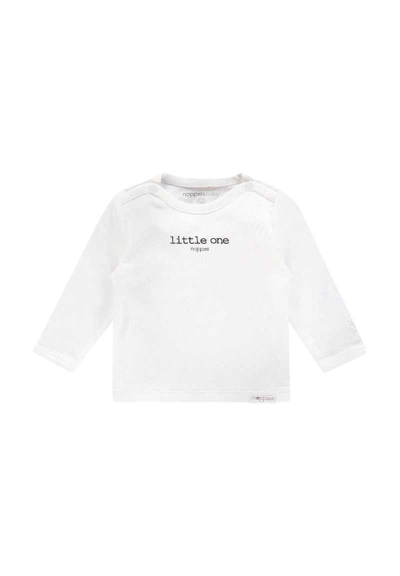 Langarm-Babyshirt in Weiß mit Druckknopf-Schultern, auf dem der Text "little one" in Schwarz gedruckt ist. Aus weichem, leichtem Baumwollstoff.