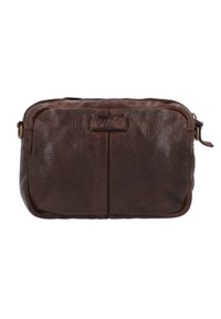 Borsa in pelle marrone con superficie texture, forma rettangolare e zip superiore. Presenta un'etichetta con logo sul davanti e un anello laterale.