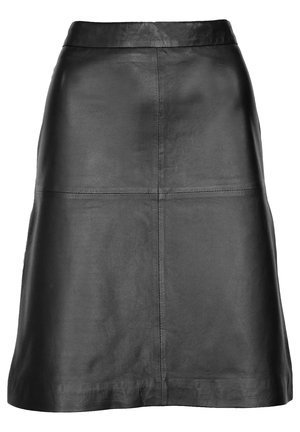 Schwarzer Leder-A-Linie-Rock mit hohem Bund, glatter Textur und sichtbaren Nahtdetails für eine strukturierte Silhouette.