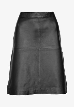 Schwarzer Leder-A-Linie-Rock mit hohem Bund, glatter Textur und sichtbaren Nahtdetails für eine strukturierte Silhouette.