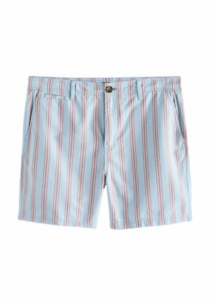 Hellblaue Shorts mit vertikalen weißen und rosa Streifen, Seitentaschen, Knopfverschluss und Gürtelschlaufen.