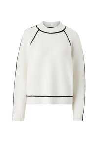 Maglione bianco lavorato a maglia con collo rotondo, polsini e orlo a costine, con dettagli in nero lungo le spalle e i lati.