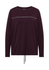 Langærmet, mørk lilla sweatshirt med rund halsudskæring, snoretræk i kanten og refleksdetaljer på tværs af brystet. Blødt, tekstureret stof.