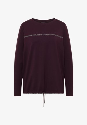 Długi rękaw, ciemnofioletowy sweatshirt z okrągłym dekoltem, sznurkiem w dolnej części oraz odblaskowym napisem na klatce piersiowej. Miękki, strukturalny materiał.