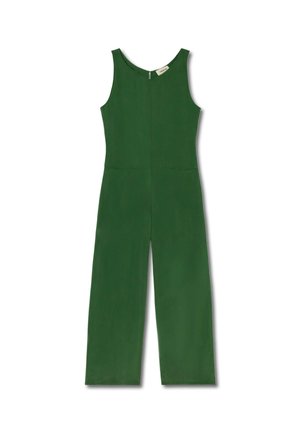 Grüner ärmelloser Jumpsuit mit Rundhalsausschnitt, geraden Beinen und einer klaren Silhouette. Hergestellt aus glattem Stoff mit einem Reißverschluss auf der Rückseite.