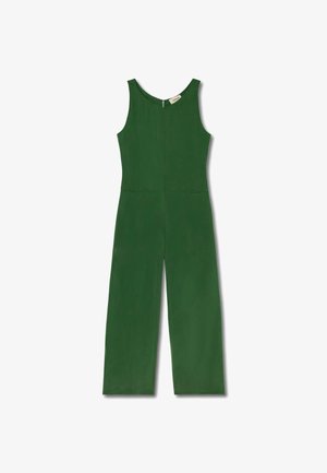 Green sleeveless jumpsuit with a round neckline, straight legs, and a clean silhouette. Made of smooth fabric with a back zipper closure.