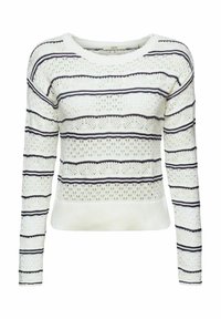 Pull blanc en maille avec des rayures horizontales bleu marine. Présente un design texturé à tissage ouvert et un ourlet côtelé avec des manches longues.