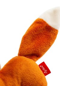 Soft, orange plush toy with cream-colored ear tips and red tag. Features rounded shapes and a smooth texture. Ideal for children.