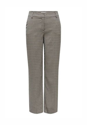 Pantalones de corte recto con estampado de pata de gallo en marrón y beige, con trabillas y bolsillos delanteros.