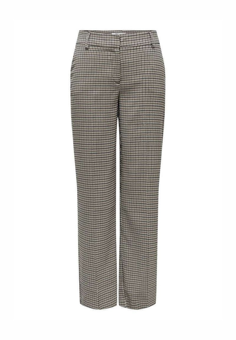 Pantalon droit à motif pied-de-poule marron et beige avec passants de ceinture et poches avant.