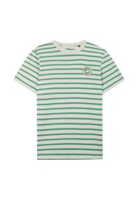 Baumwoll-T-Shirt mit horizontalen grünen und weißen Streifen. Verfügt über einen runden Ausschnitt und einen runden Logopatch im linken Brustbereich.