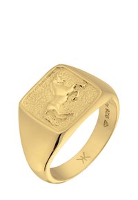 Bague sigillaire en or avec un dessus rectangulaire texturé arborant un motif de cheval en relief. Bande lisse avec des marquages gravés à l'intérieur.