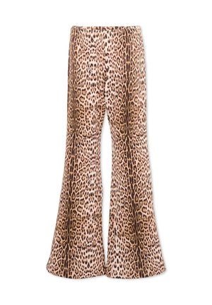 Pantalon évasé à imprimé léopard avec taille haute et silhouette jambes larges dans des tons marron et beige.