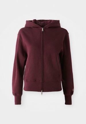 Bordeauxfarbenes Zip-Hoodie aus weichem Stoff, mit einem Frontreißverschluss, Kapuze und gerippten Bündchen und Saum. Kleines Logo auf der Brust.