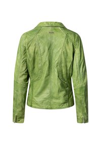 Grüne Lederjacke mit tailliertem Schnitt, detaillierter Nahtführung und strukturiertem Kragen. Sanfte Textur und minimalistisches Design.