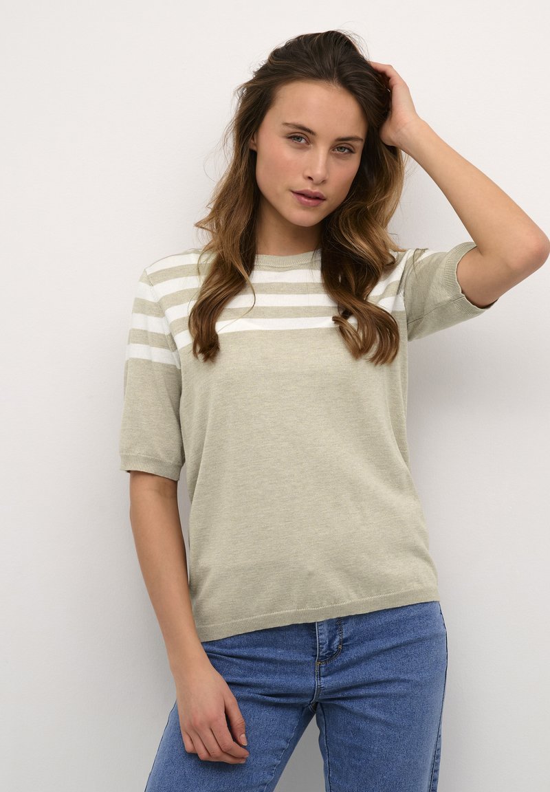 Kaffe KALIZZA - Triko s potiskem - sand melange chalk half stripe