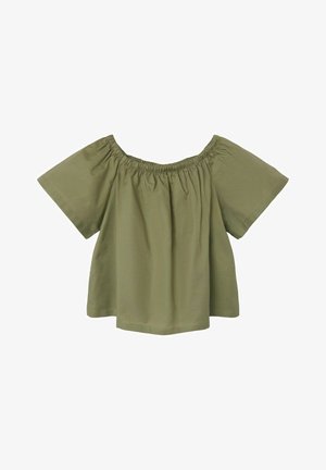 Top olive green à épaules dénudées en tissu léger, avec des manches courtes, un col froncé et une coupe décontractée.