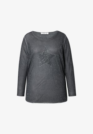 Harmaa pitkähihaisen paita, joka on valmistettu pehmeästä kankaasta ja jossa on keskellä kimaltava tähtiakkentti. Pyöreä pääntie ja rento leikkaus.