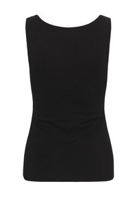 Haut noir ajusté sans manches avec un col arrondi, présenté de dos sur fond blanc.