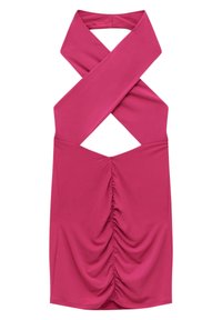 Fuchsiové halter šaty s křížovým vrškem, se sešitím na středovém předním dílu. Vyrobené z hladkého, elastického materiálu.