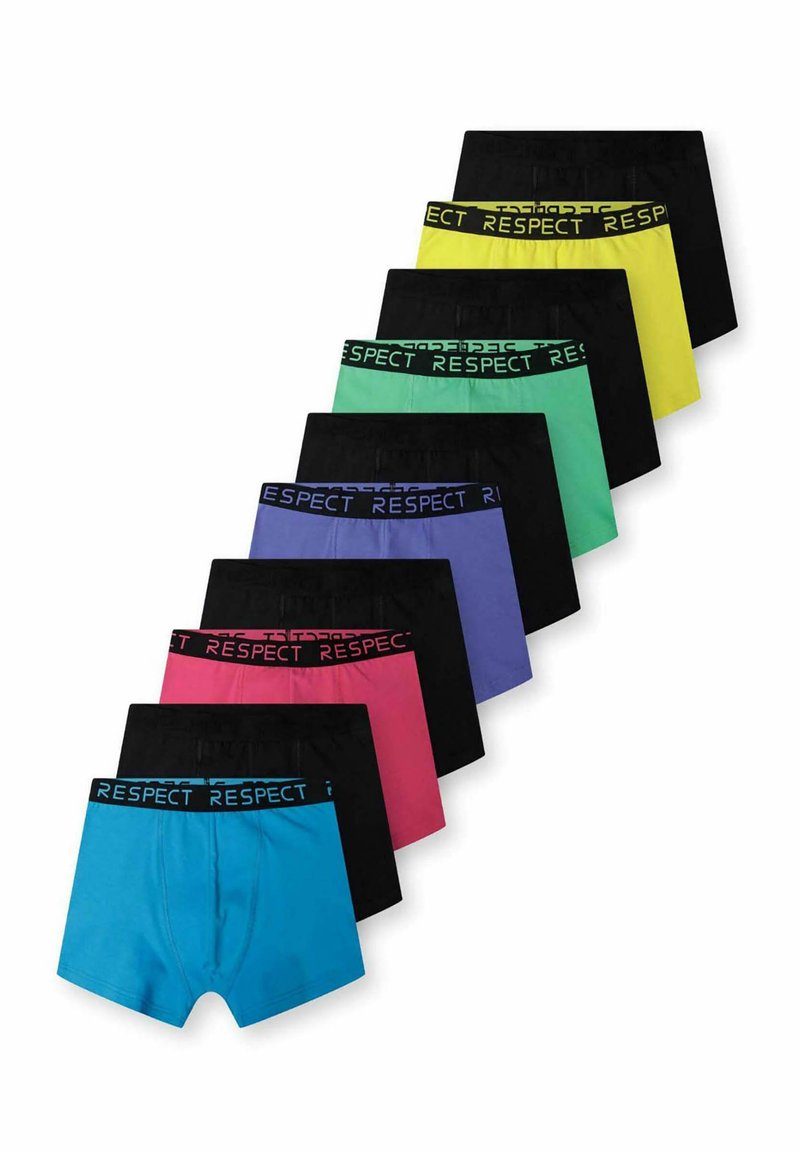 Dziewięć par bokserek w różnych kolorach: czarnym, niebieskim, zielonym, żółtym, różowym i fioletowym, z czarnym pasem w talii z napisem "RESPECT".