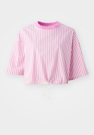 Pink and white striped cropped T-shirt with short sleeves, round neckline, and drawstring hem detail. Made from lightweight fabric.