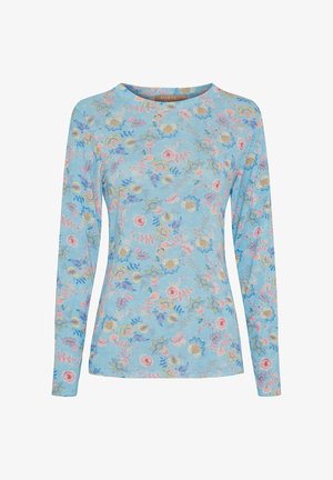 Lyseblå, langærmet skjorte med blomsterprint i pink, gul og lilla samt rund halsudskæring.