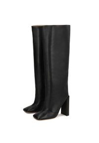 Black leather knee-high boots with a square toe, chunky heel, smooth texture, and minimalistic design.