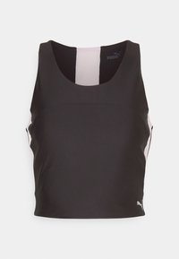Musta urheilu crop-top, jossa on pyöreä kaula-aukko, pinkit sivuosat ja logo. Valmistettu sileästä, joustavasta kankaasta mukavuutta varten.