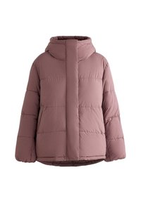 Kurtka pikowana w kolorze mauve z kapturem, wyposażona w pikowane panele, przedni zamek błyskawiczny i elastyczne mankiety. Gładka faktura i prosty krój.