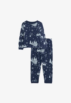 Granatowy zestaw piżamowy z długim rękawem, składający się z koszuli i spodni, z białymi wzorami lasu zimowego, płatków śniegu, reniferów oraz napisem "Frozen".