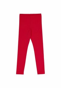 Leggings rossi realizzati in cotone elasticizzato, di colore uniforme, vestibilità aderente e vita elastica, caratterizzati da una texture liscia e senza motivi.