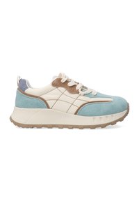 Sportowe sneakersy w kolorze niebieskim i kremowym, wykonane z zamszu i materiałów syntetycznych, z okrągłym noskiem, beżowymi akcentami oraz teksturowaną gumową podeszwą.
