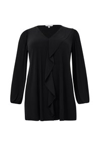 Blouse noire à manches longues avec décolleté en V, tissu plissé et détail de volants cascade sur le devant.