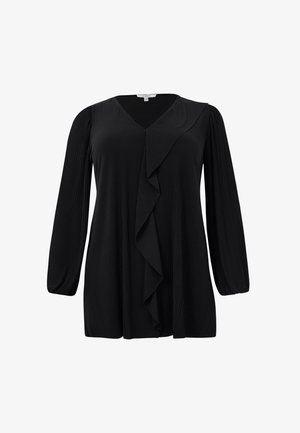 Blouse noire à manches longues avec décolleté en V, tissu plissé et détail de volants cascade sur le devant.