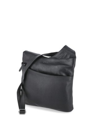 Sac bandoulière en cuir noir avec sangle réglable et poche avant, présenté sur un fond blanc.