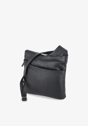 Schwarze Leder-Umhängetasche mit verstellbarem Riemen und Vordertasche, vor weißem Hintergrund dargestellt.