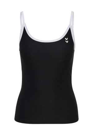 Black tank top with thin white straps, featuring a white trim and three white chevron accents on the left chest area. Smooth texture.