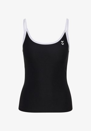 Svart linne med tunna vita axelband, med vit kant och tre vita chevrondetaljer på vänster bröstområde. Slät textur.