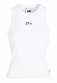 Top sin mangas de canalé blanco con el logo bordado "Tommy" en azul marino. Fabricado en algodón elástico. El dobladillo presenta un pequeño acento del logo.