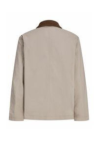 Veste beige à manches longues avec col en velours côtelé marron, vue de dos avec coutures apparentes.