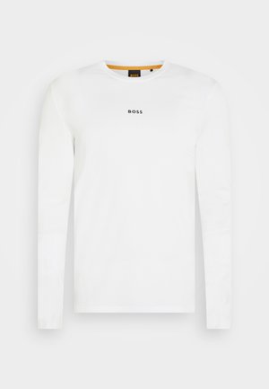 White long-sleeve T-shirt made of cotton, featuring a crew neck and black “BOSS” logo at the center. Smooth texture, casual design.
